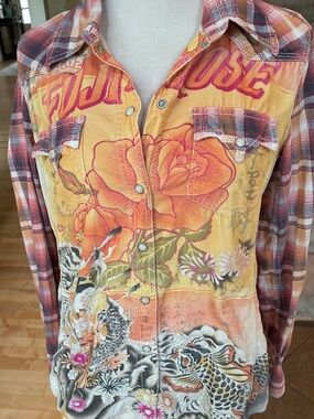 Lucky Brand Corduroy Plaid Graphic Geisha Button-Up Shirt